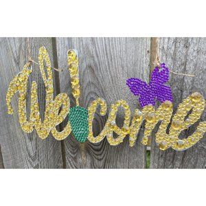 Handmade Welcome Sign Hanging Metal And Rhinestone Metal Art  11 X 5 in